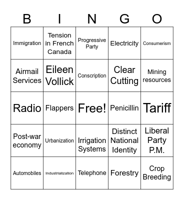 Canadian History Bingo Card