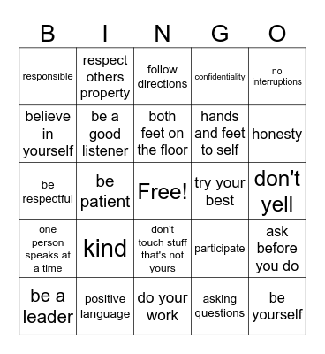 classroom bingo Card