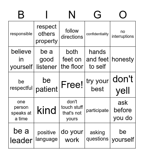 classroom bingo Card