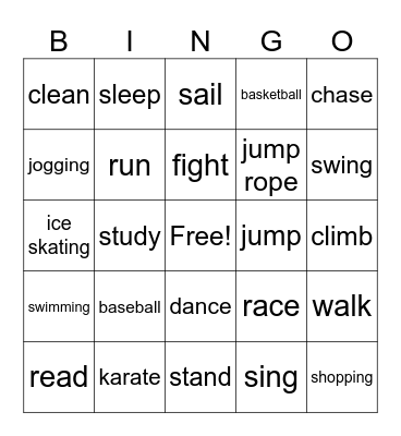 Activities Bingo Card