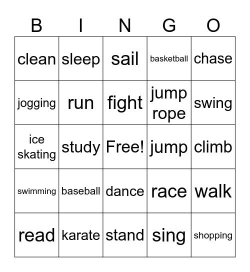 Activities Bingo Card