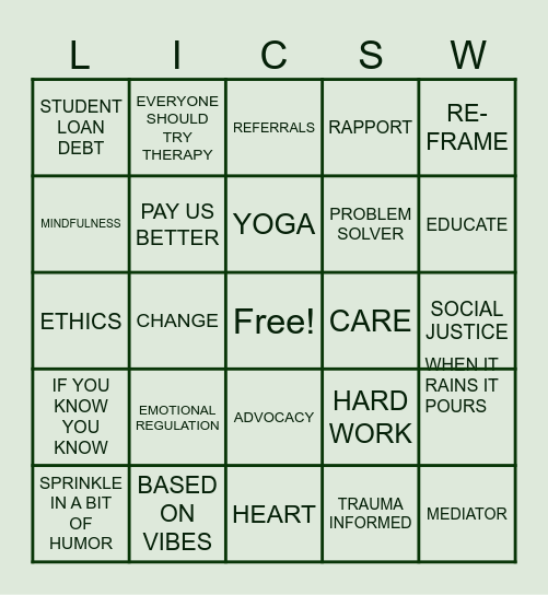 SOCIAL WORK BINGO Card