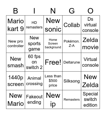 Nintendo switch 2 Bingo Card