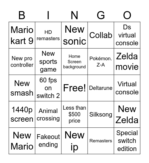 Nintendo switch 2 Bingo Card