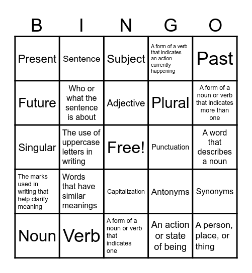 Grammar Review Bingo Card