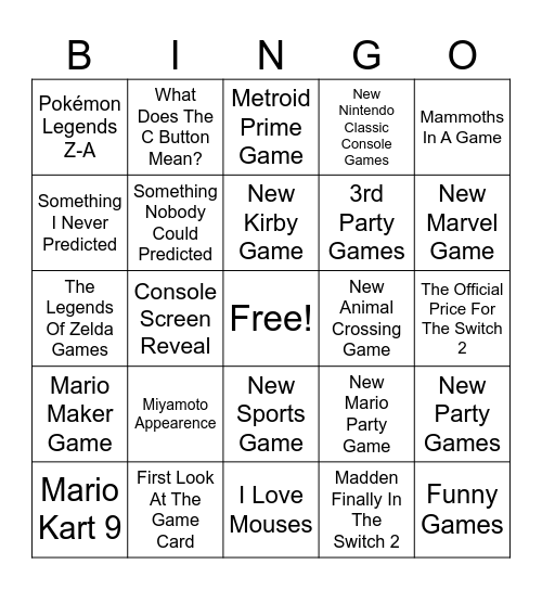 Nintendo Switch 2 Direct Bingo Card