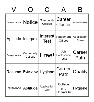 Career Vocab Bingo Card