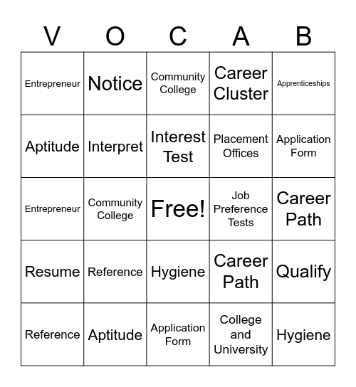 Career Vocab Bingo Card