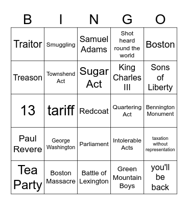 Colonial Times Bingo Card