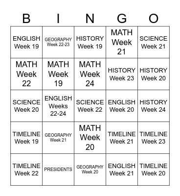 Cycle 1 Week 19-24 Bingo Card
