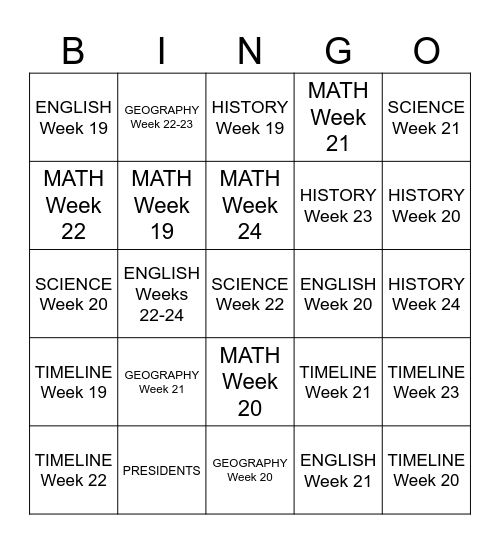 Cycle 1 Week 19-24 Bingo Card