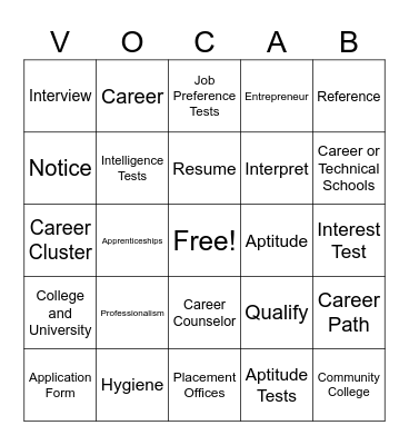 Career Vocab Bingo Card