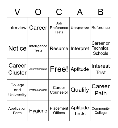 Career Vocab Bingo Card
