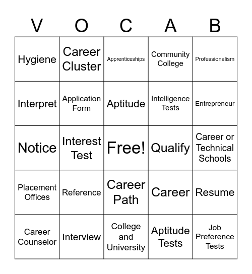Career Vocab Bingo Card