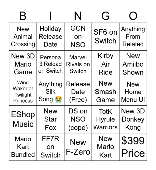 Switch 2 Direct Bingo Card