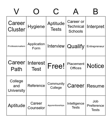 Career Vocab Bingo Card