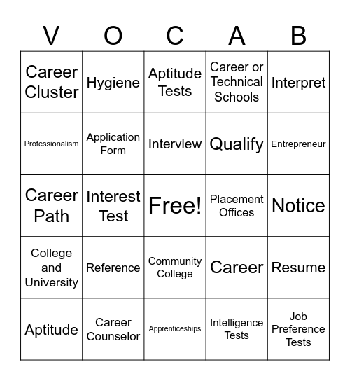 Career Vocab Bingo Card