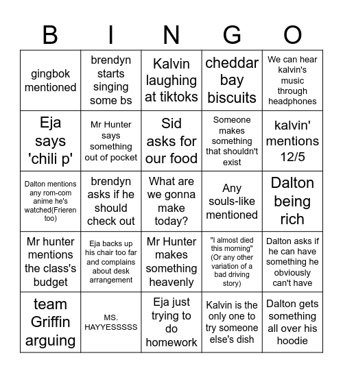 Culinary Class Bingo Card