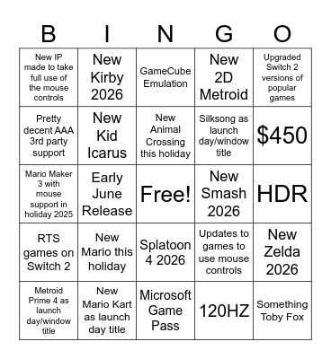 Switch 2 Direct Bingo Card