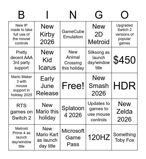 Switch 2 Direct Bingo Card
