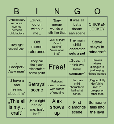 Minecraft movie bingo Card