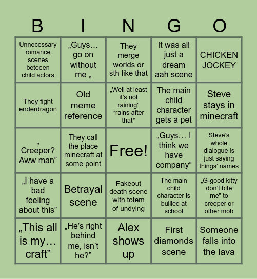 Minecraft movie bingo Card