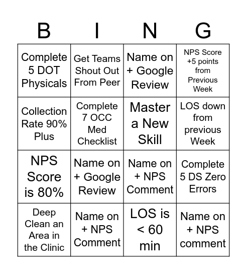 Fast Track Bingo Card