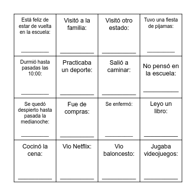 Spring Break Bingo Card