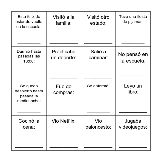 Spring Break Bingo Card