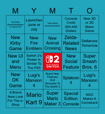 Nintendo Switch 2 Direct Predictions Bingo Card