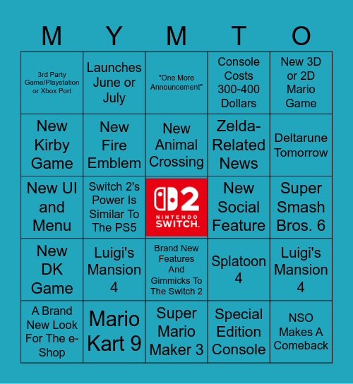 Nintendo Switch 2 Direct Predictions Bingo Card