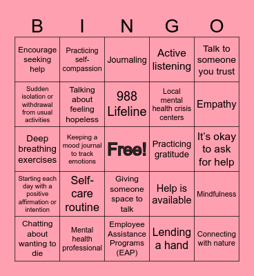 Suicide Prevention Bingo🌺 Bingo Card