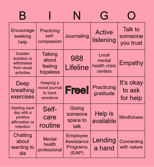 Suicide Prevention Bingo🌺 Bingo Card