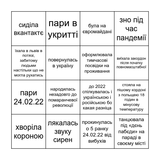 моє власне бінго Bingo Card