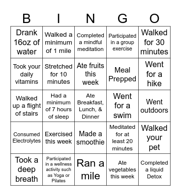 Wellness Bingo Card