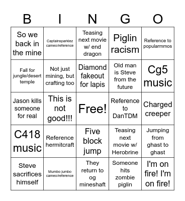 Minecraft movie bingo Card