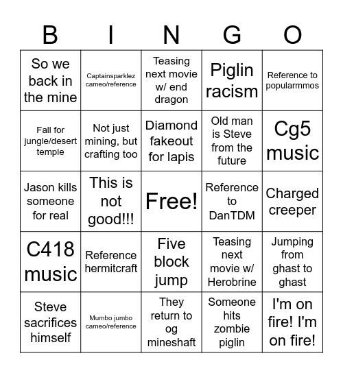 Minecraft movie bingo Card