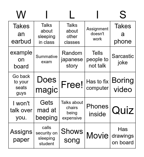 Willis Bingo Card