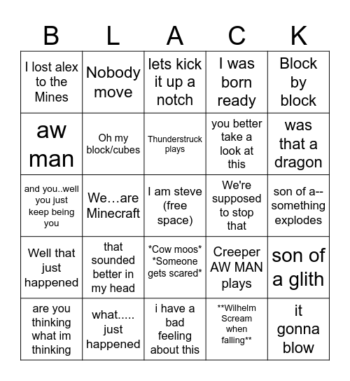 MineCraft Movie Bingo Card