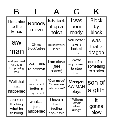 MineCraft Movie Bingo Card