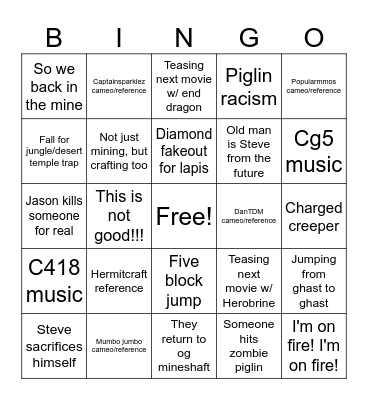 Minecraft movie bingo Card