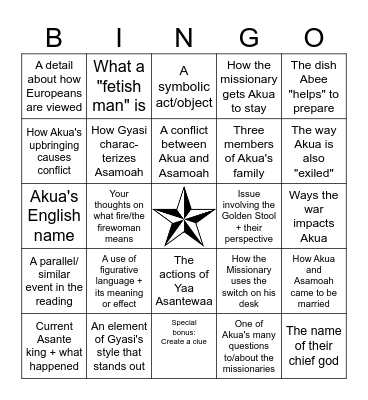 BINGO! Homegoing, "Akua" Bingo Card