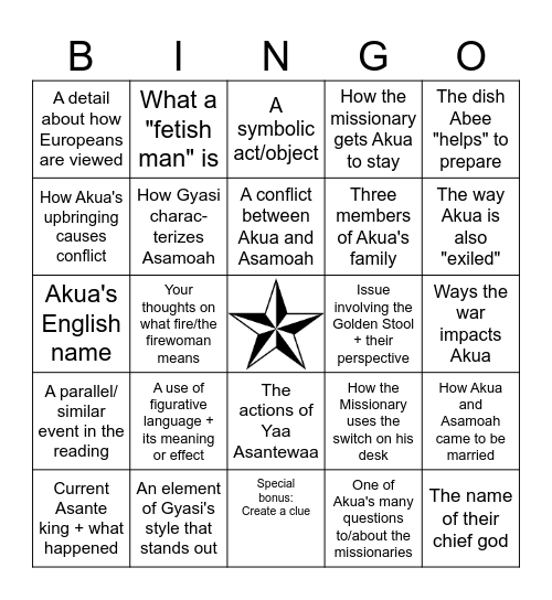 BINGO! Homegoing, "Akua" Bingo Card