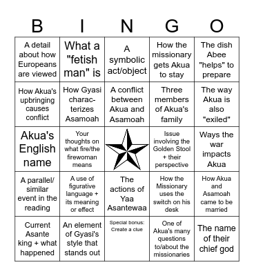 BINGO! Homegoing, "Akua" Bingo Card
