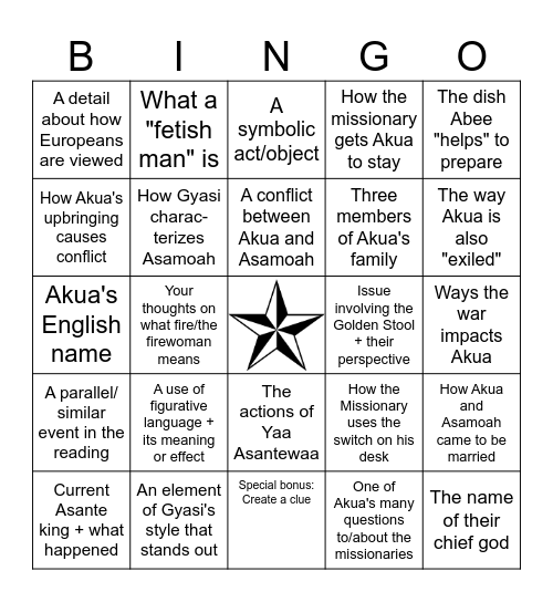 BINGO! Homegoing, "Akua" Bingo Card