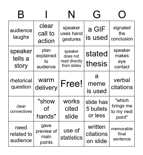 Public Speaking Bingo Card