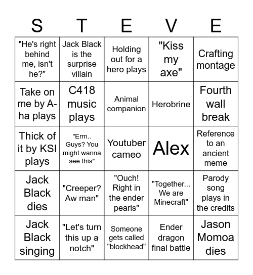 Minecraft Movie Bingo Card