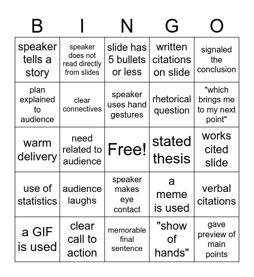 Public Speaking Bingo Card