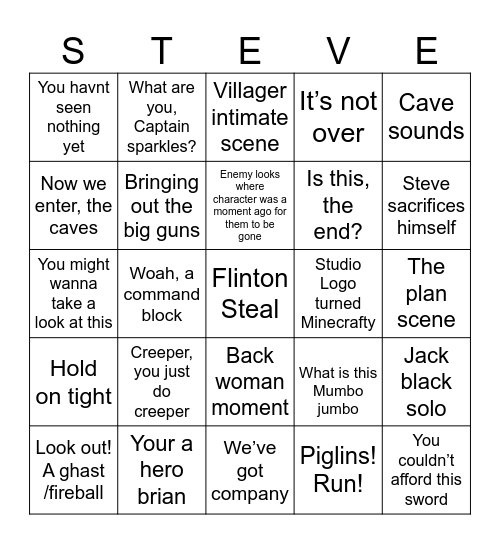 Minecraft Movie Bingo Card