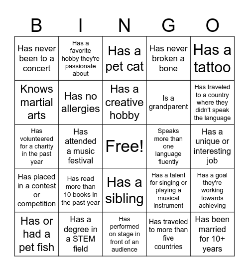 Get to know you bingo Card